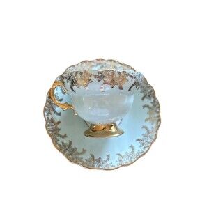 EUC Vintage Rosina China Gold and Light Blue Floral Cup and Saucer England
